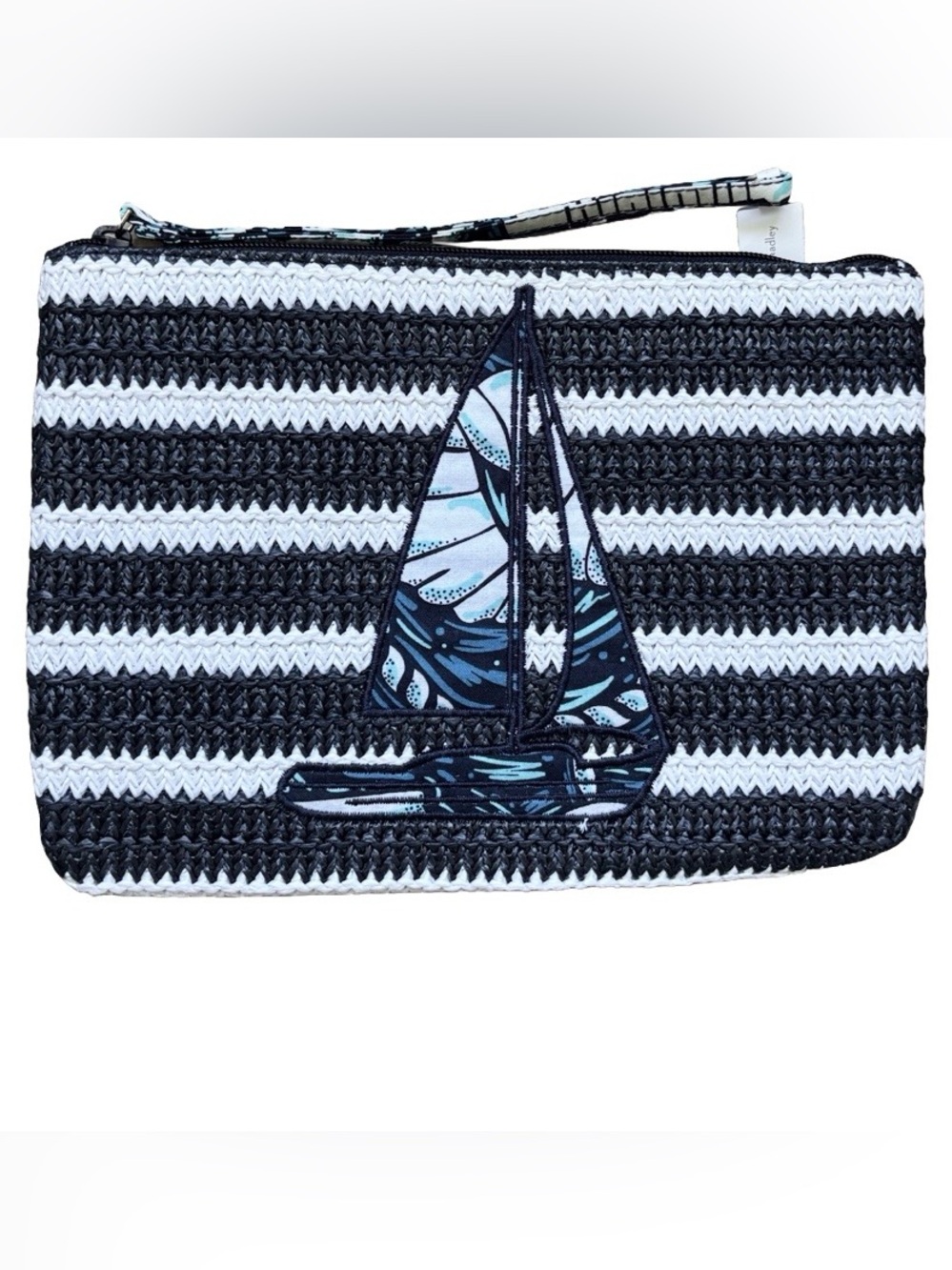 NWT Vera Bradley Large Nautical Straw Sailboat Wristlet Blue and White Stripe